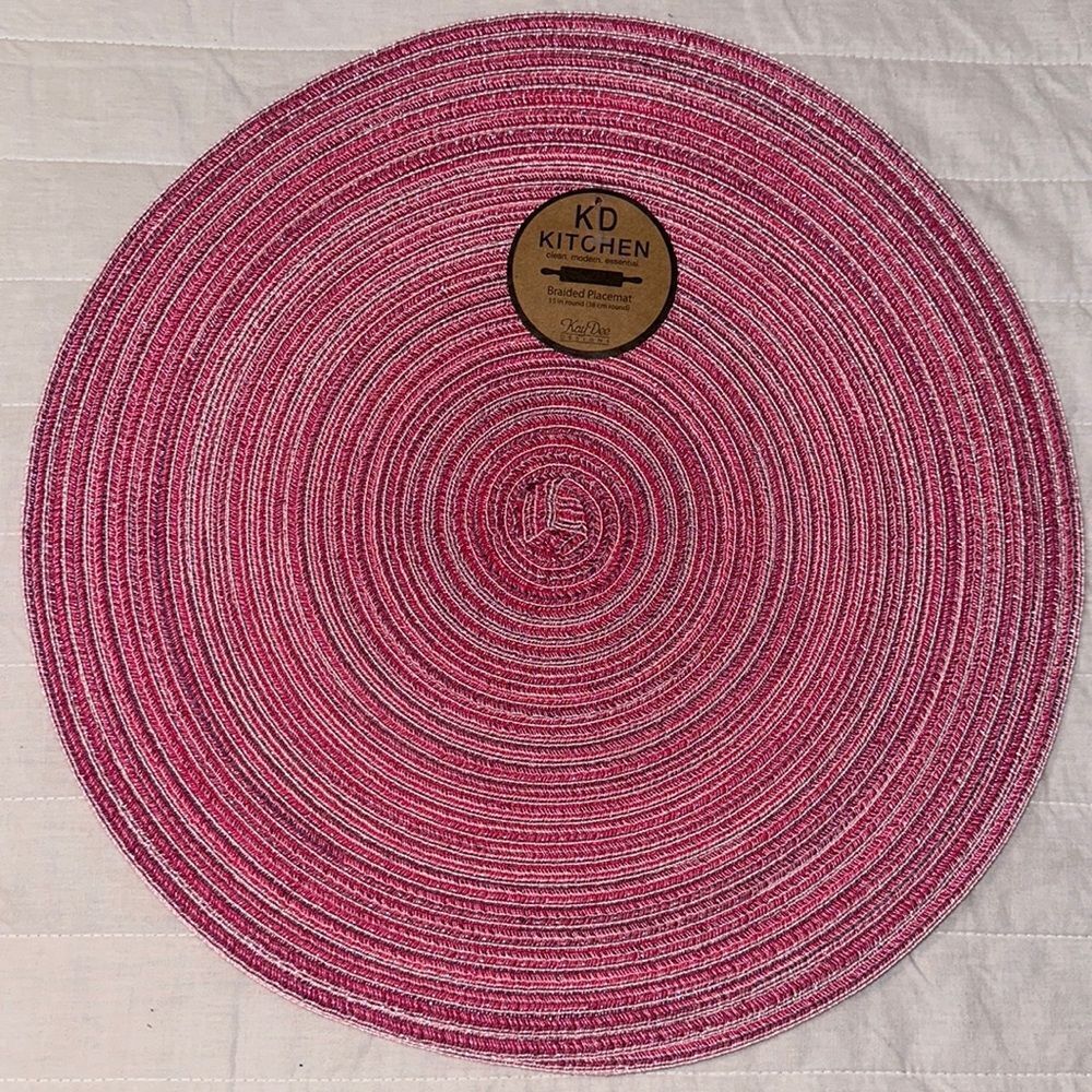 Set of Six Fuchsia Ombre Round Weave Placemats, Kitchen Dish & Tea Towels